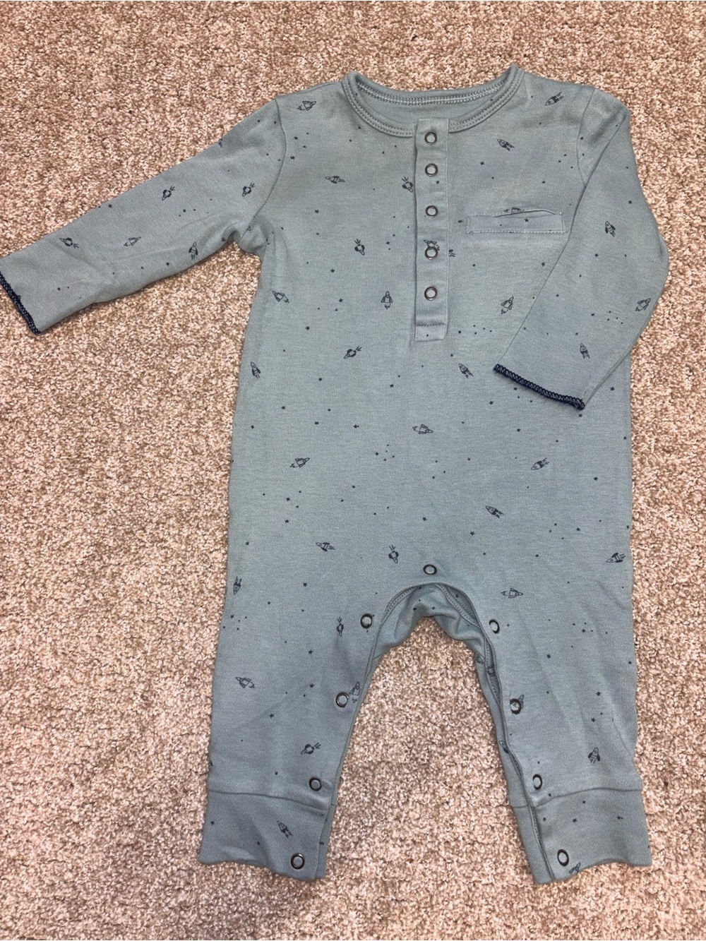 Long-Sleeve Sage Green Baby One-Piece Bodysuit with Space Motif